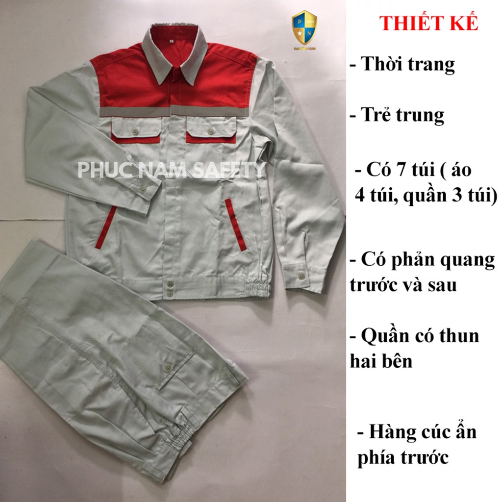 Bộ quần áo bảo hộ PN17, Quần áo bảo hộ ghi sáng phối đỏ có phản quang, Bảo hộ lao động Phúc Nam