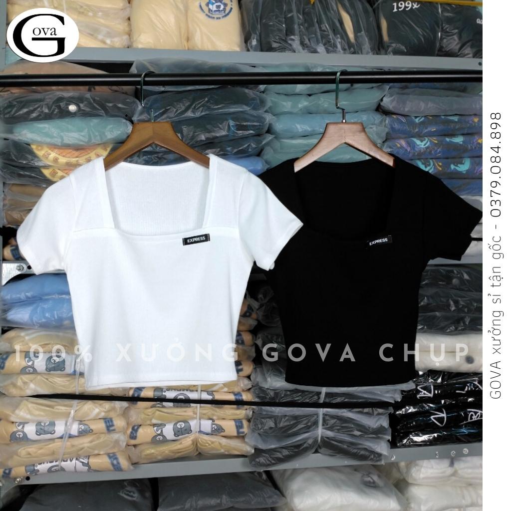 Áo Croptop GẮN LOGO CỔ VUÔNG Thun Gân Kiểu Sexy Nữ, Áo Thun Ôm Body Đẹp GOVA