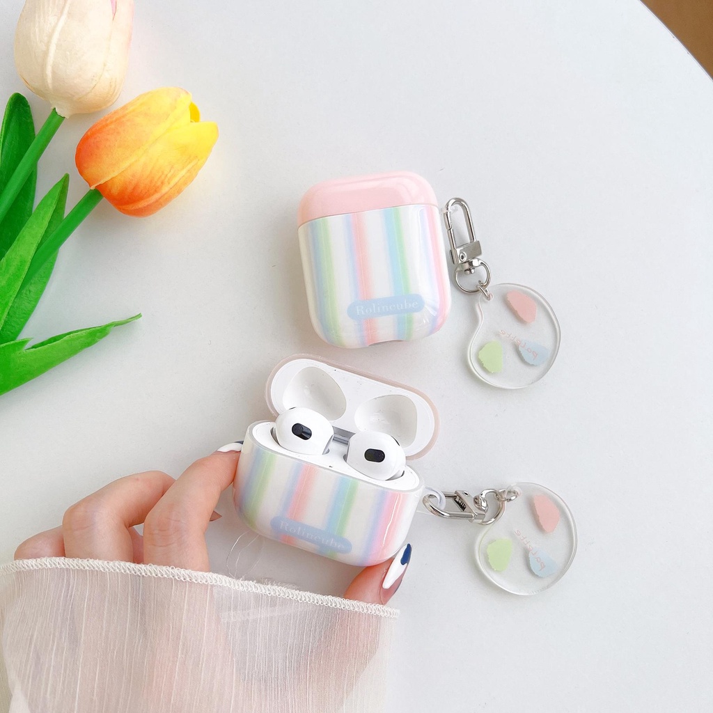 Vỏ Bảo Vệ Hộp Sạc Tai Nghe AirPods 1 2 pro 3 2021 Bằng Silicon Tpu Chống Sốc Họa Tiết Kẻ Sọc Màu Cầu Vồng Dễ Thương