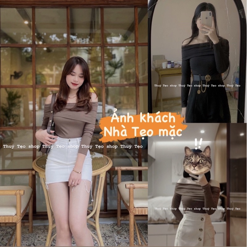 [Hàng sẵn] Set áo thun tăm dài tay TRỄ VAI phối chân váy nhung tăm cúc lệch phong cách thanh lịch