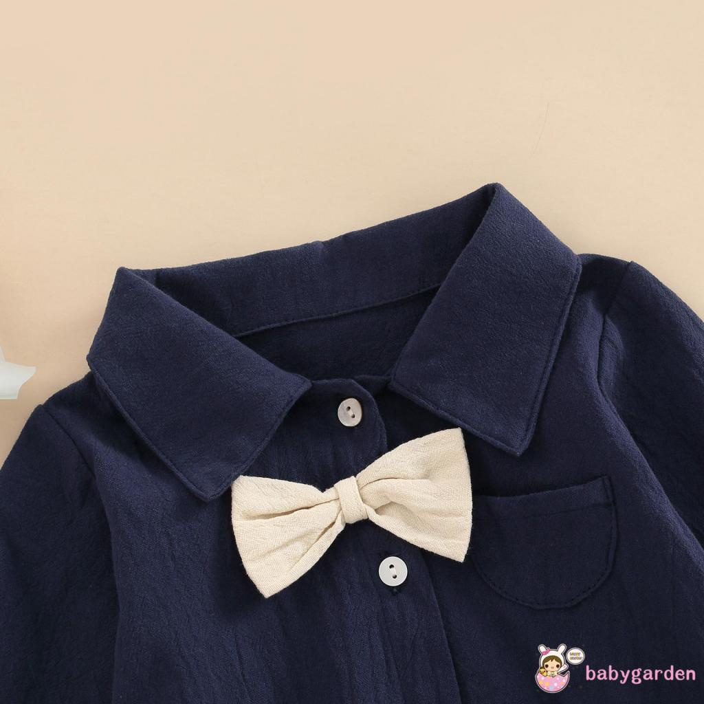 Bộ Áo Liền Quần Tay Dài Màu Trơn Cài Nút Thắt Nơ Dành Cho Bé Trai 0-18 Tháng Tuổi