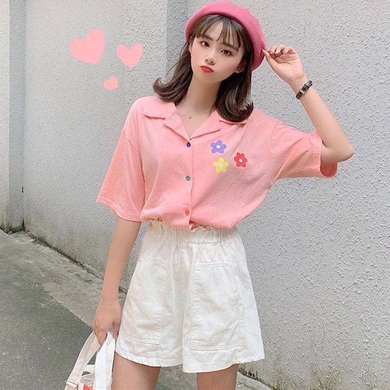 Áo sơ mi tay ngắn họa tiết in hoa cổ bẻ sang trọng cho nữ