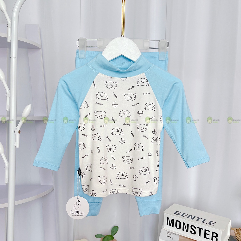 Bộ Dài Tay Bé Gái, Bé Trai KIMCHIBABY Vải Thun Lạnh Cổ 3P Hoạ Tiết Gấu Giáp Lăng, Bộ Quần Áo Trẻ Em Thu Đông KWTD2209