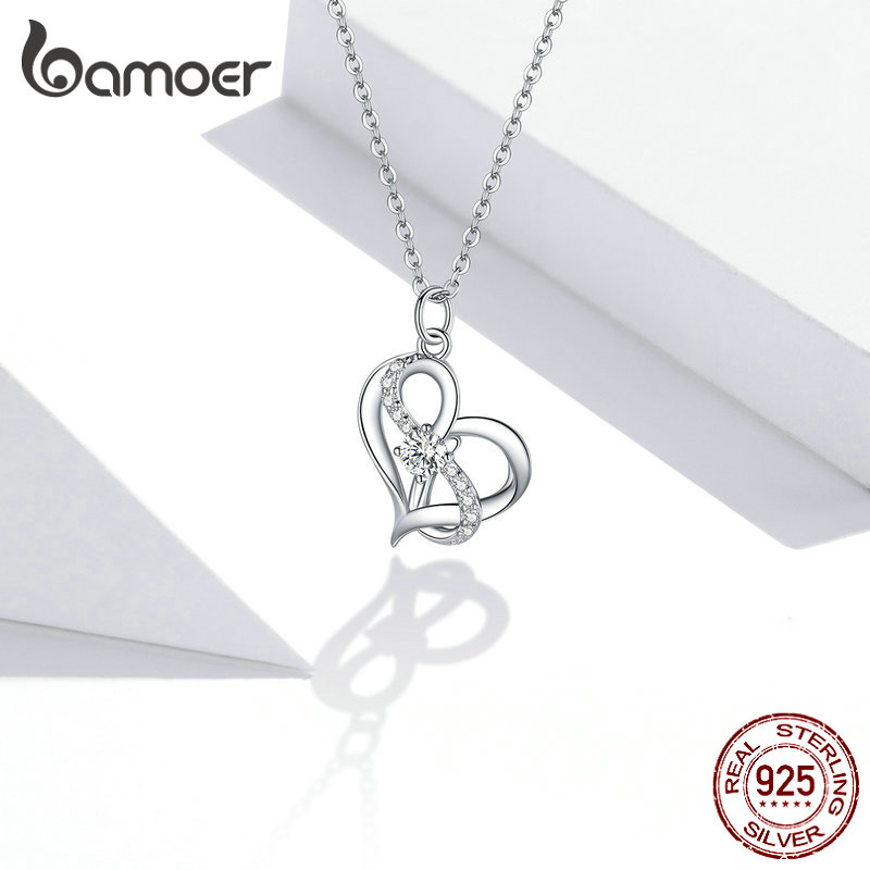 Vòng Cổ Bamoer SCN442 Bằng Bạc 925 Bạch Kim Với Mặt Hình Trái Tim &amp; Đá Zircon Khối Thời Trang Cho Nữ