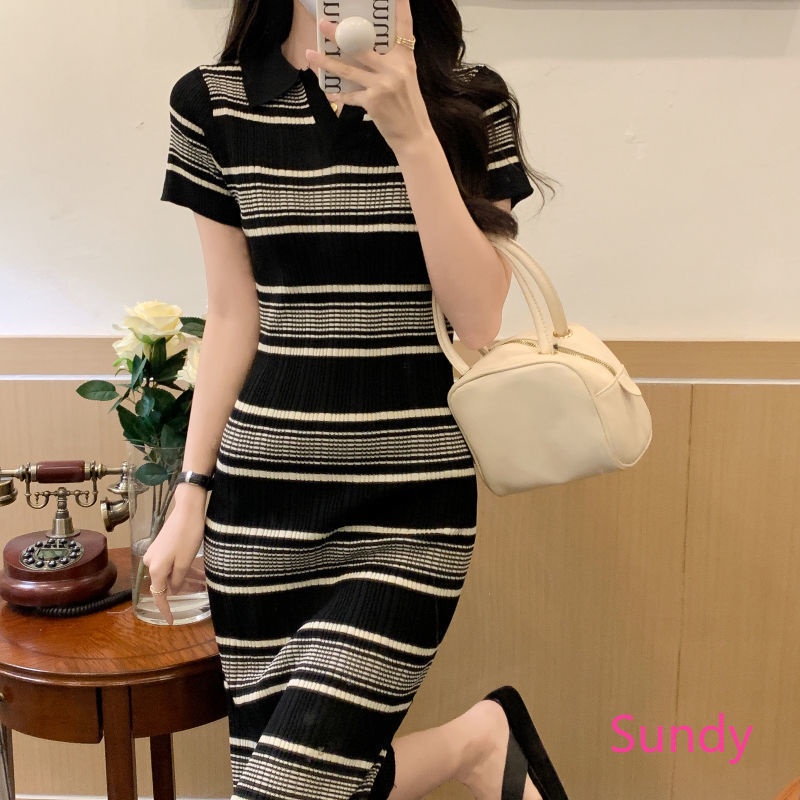 Đầm Dệt Kim Ngắn Tay Họa Tiết Kẻ Sọc Thời Trang Mùa Thu Hàn Quốc Cho Nữ