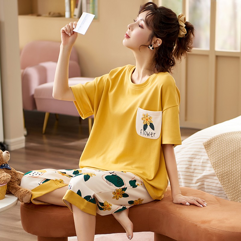 Bộ Đồ Ngủ Cotton Ngắn Tay Thời Trang Mùa Hè 2021 Cho Nữ