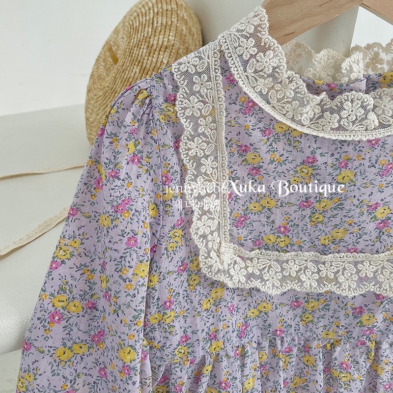 Bodysuit Dài Tay Bé Gái [Jenny bebe] body đũi hoa tím cổ ren chất siêu nhẹ, siêu xinh cho bé (6-15kg)