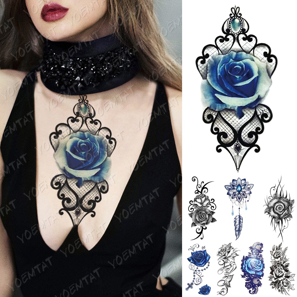 Hình xăm dán tạm thời hình hoa hồng xanh chống nước sành điệu