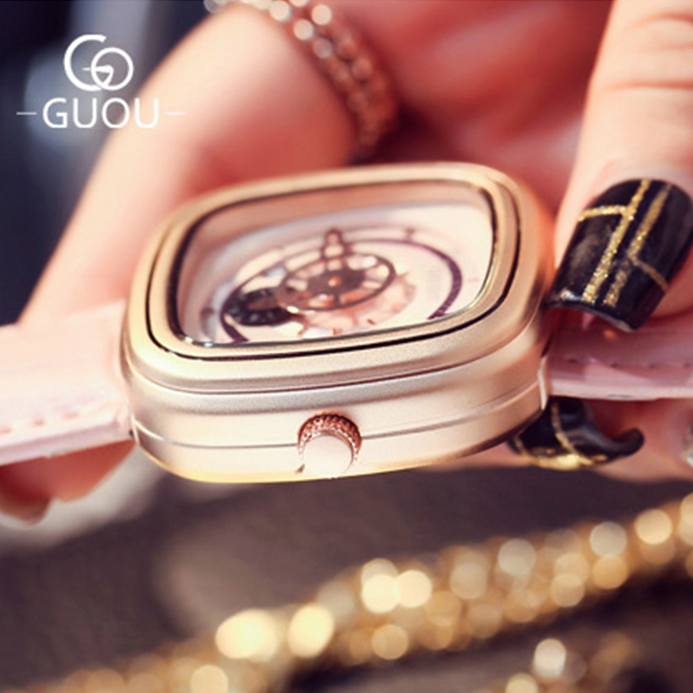 Đồng hồ nữ Guou chính hãng 8150 mặt vuông dây da kiểu dáng độc đáo