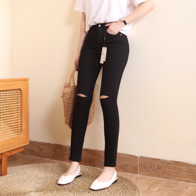 [ giá huỷ diệt] quần jean nữ vnxk - màu đen rách gối skinny co dãn dài 9 tấc mặc thoải mái chất không bai- không xù