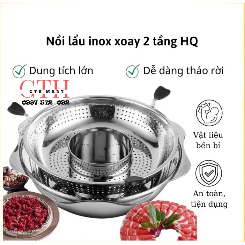 Nồi lẩu xoay Inox kiểu dáng Hàn Quốc ăn tiện lợi ,dễ sử dụng cho bếp từ, nồi lẩu nâng lên-GTH Mart