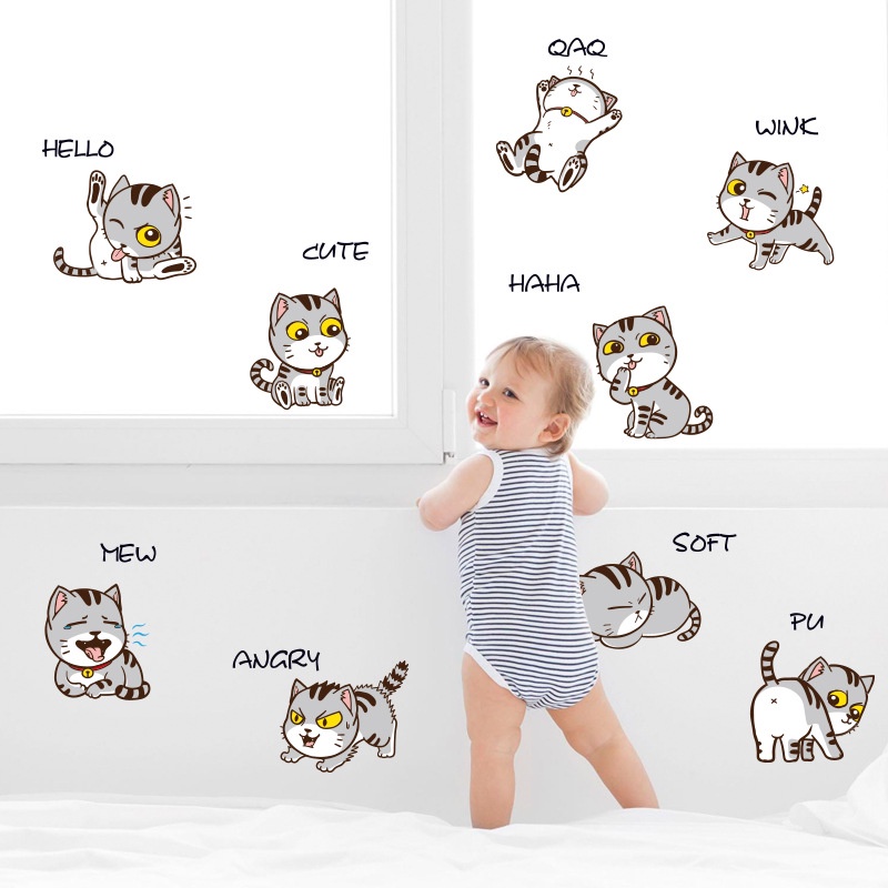 Decal dán tường Tự Dính Họa Tiết Mèo Dễ Thương Trang Trí Phòng Khách/ Phòng Ngủ