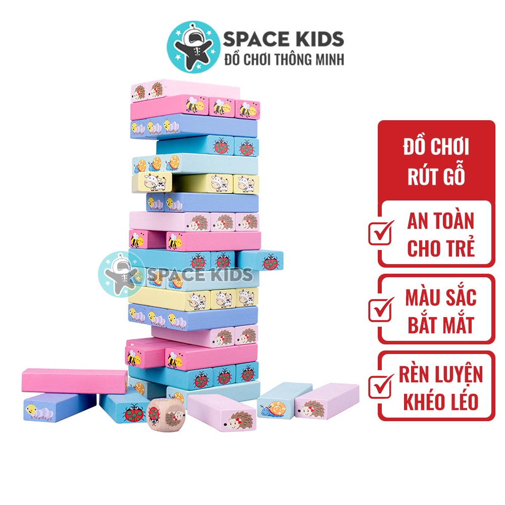 Đồ chơi cho bé Rút gỗ 51 chi tiết cao cấp kèm xúc xắc in hình con vật, đồ chơi thông minh Space Kids