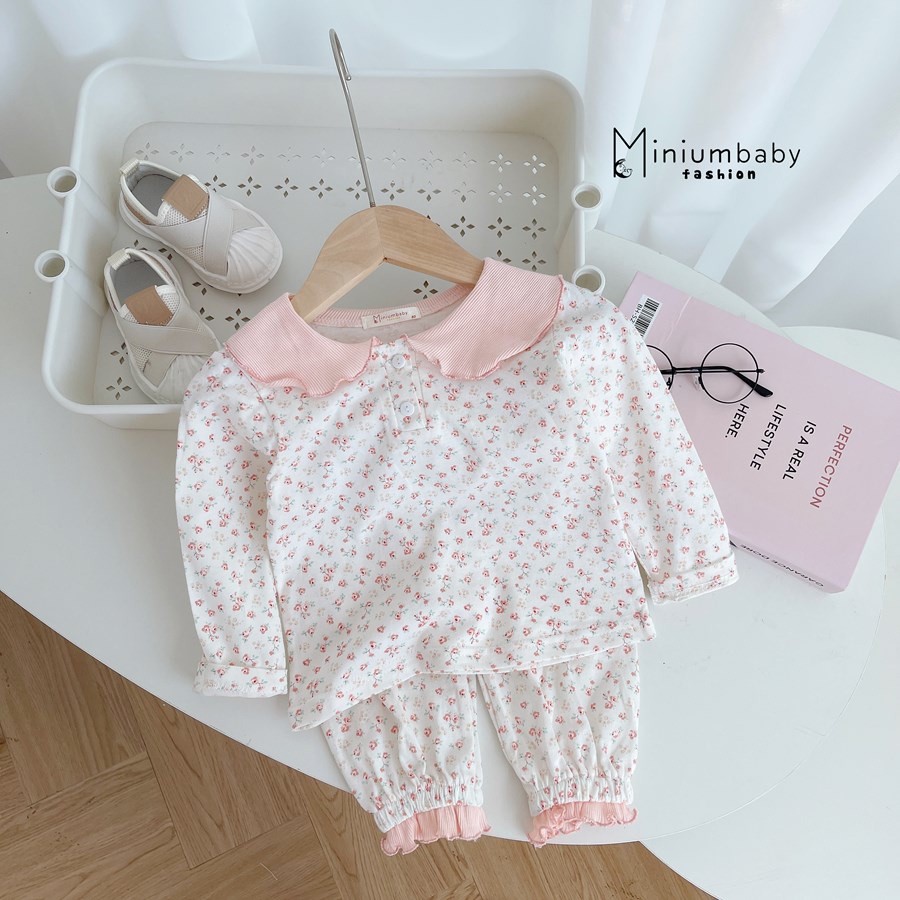 Bộ đồ dài/ cộc tay quần dài thu đông cho bé gái cổ bèo chất liệu 100% cotton, set quần áo trẻ em MiniumBaby-SB1302