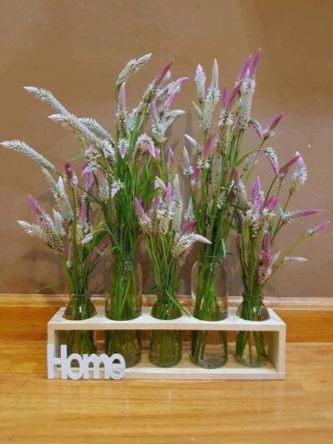 SÉT 5 BÌNH HOA THUỶ TINH KÈM KHUNG GỖ CHỮ HOME