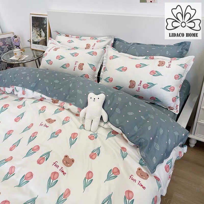 Bộ chăn ga gối cotton poly Lidaco decor phòng ngủ vintage - Tulip hồng nhỏ (SP001479)