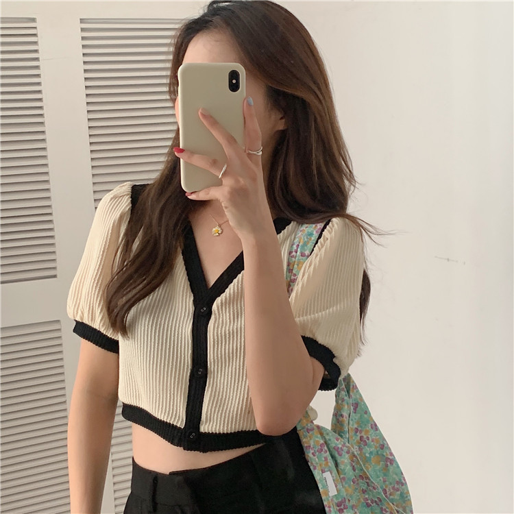 Áo Lửng Ngắn Tay Cổ Tim Phong Cách Hàn Quốc Dành Cho Nữ