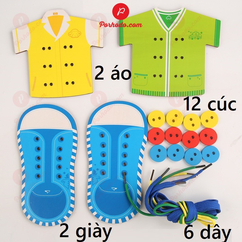 Đồ chơi tập buộc dây giày + xâu cúc áo chuẩn montessori KB216089, Đồ chơi thông minh giáo dục