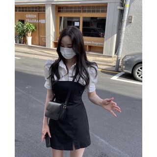 ĐẦM ĐEN PHỐI CỔ SƠ MI TRẮNG XẺ LAI