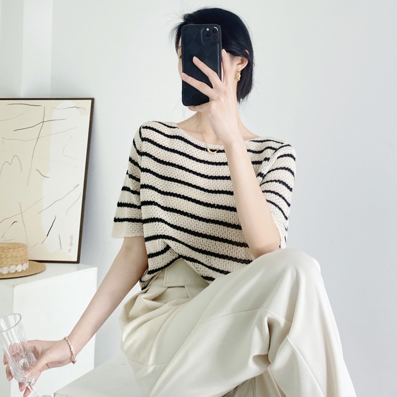 Áo thun NZN dệt tay ngắn cổ tròn họa tiết kẻ sọc màu sắc tương phản thời trang mùa hè cho nữ