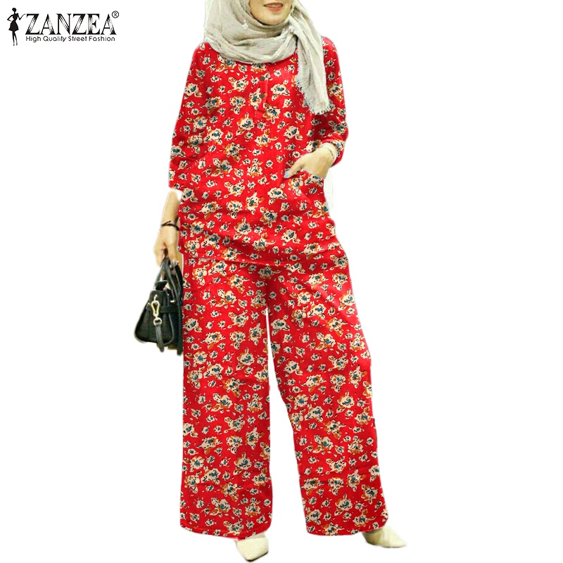 Zanzea Set Áo Tay 3 / 4 Phối Túi + Quần ống rộng Lưng Thun Thời Trang Nữ