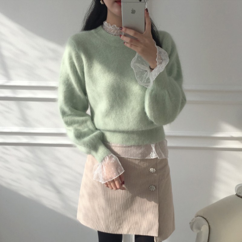 Áo lưới chấm bi thun tay Style tiểu thư Hàn Quốc