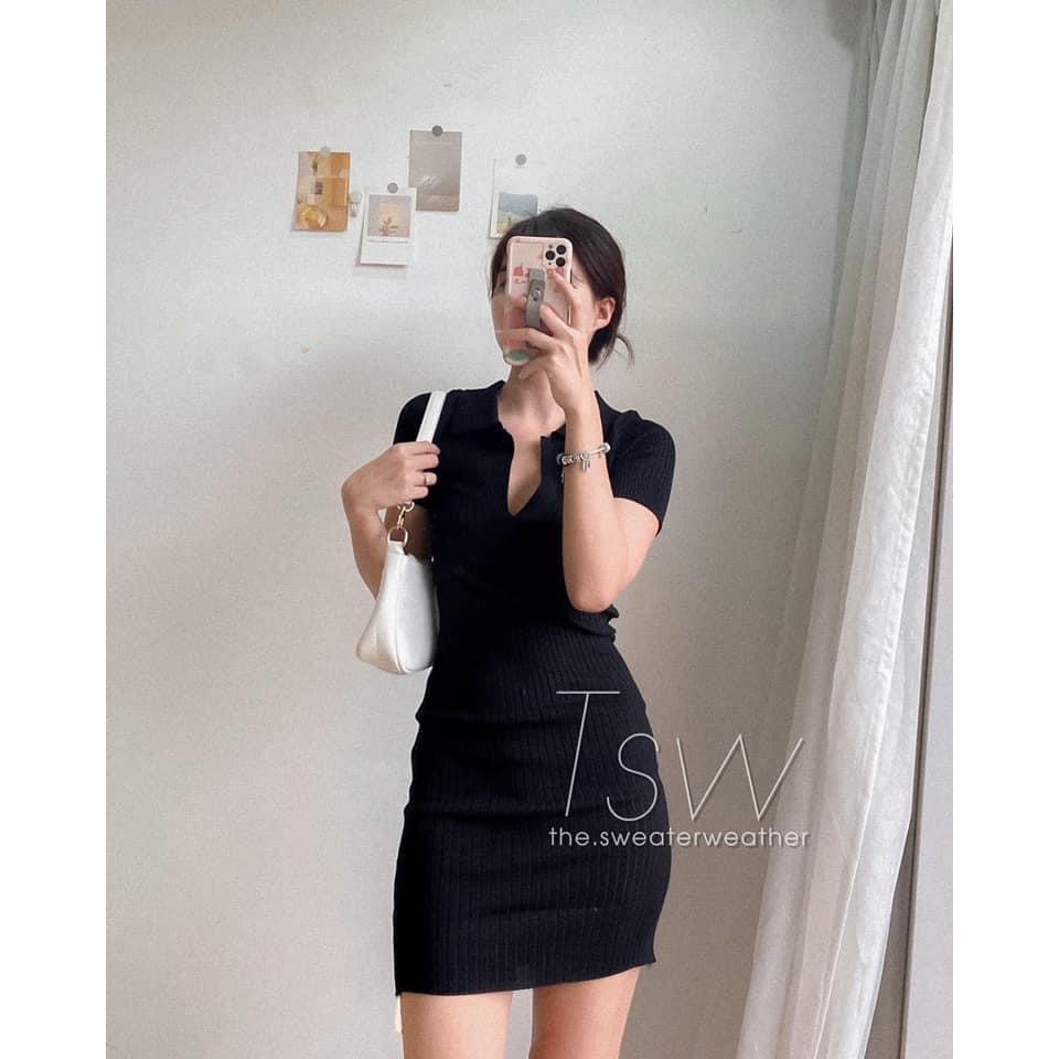 Váy Thun Tăm Polo Cổ V Nữ - Đầm dáng ngắn ôm body cộc tay cổ tim thiết kế sexy, cá tính Ulzzang | BigBuy360 - bigbuy360.vn