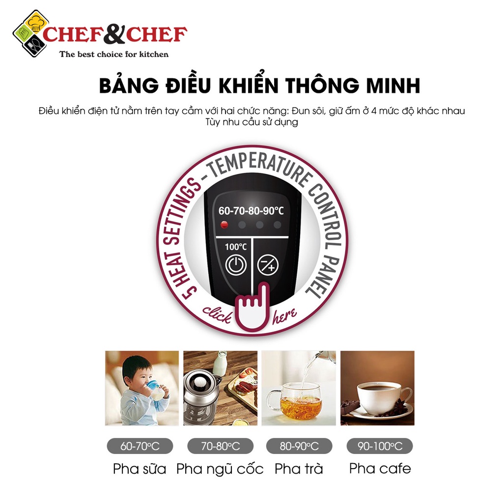 [Mã ELHADEV giảm 4% đơn 300K] Ấm siêu tốc bình siêu tốc thủy tinh CHEF&amp;CHEF CH1703D điều khiển nhiệt độ đun.