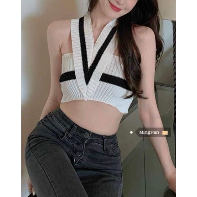 Áo len tăm croptop chéo cổ hàng QC