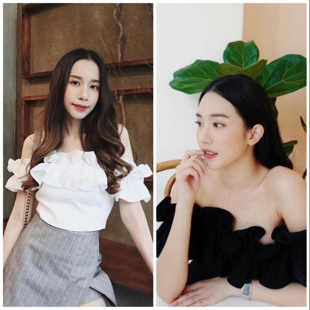 Áo crop trễ vai nhún bèo