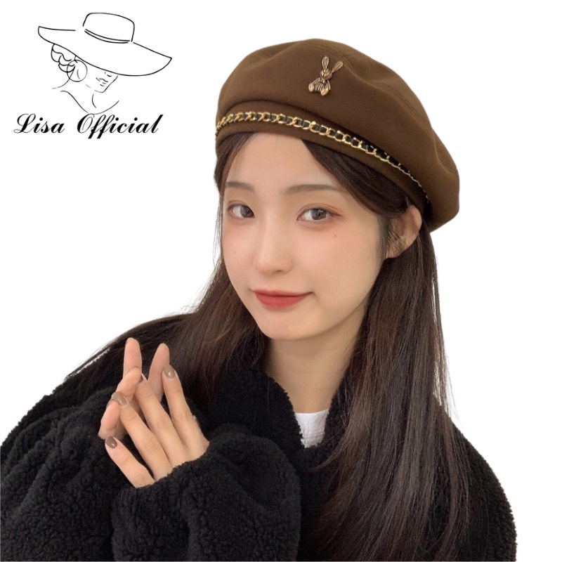 Mũ Nồi Dạ 💖 Lisa Official 💖 Nón Beret Phối Dây Xích Kim Loại Thời Trang Thu Đông Nhật Bản Cá Tính - SV-5