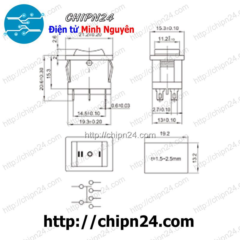 [1 CÁI] Công tắc bập bênh KCD1-203 6 chân (15X21mm, 3 chế độ, 6A 250V)