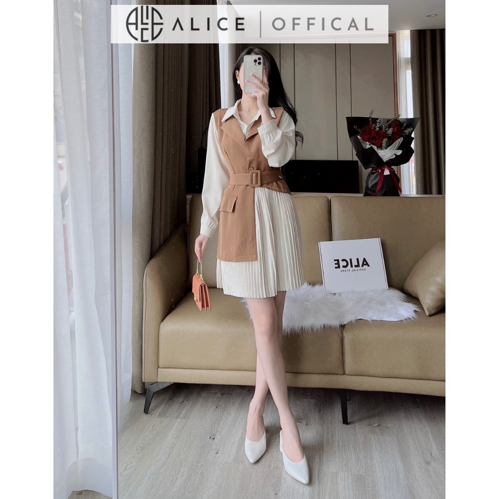 Váy Công Sở Phối Yếm Kèm Đai ALICE V865 Thiết Kế Cố So Mi Phối Cổ Vest Váy Xếp Li Xòe Lịch Sự Chất Chéo Kaki V865