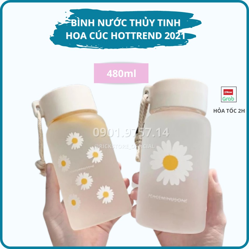 Bình Nước Thủy Tinh Chịu Nhiệt 450ml Hoa Cúc Hàn Quốc - Rick Store