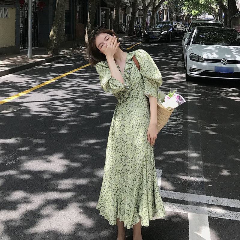 Đầm Dài Cổ Chữ V Eo Cao Màu Xanh Lá Phong Cách Hàn Quốc Thời Trang Mùa Hè Mới Cho Nữ