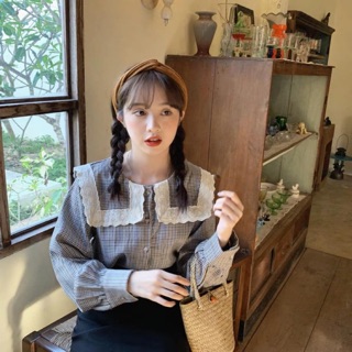 Áo Sơ mi cổ vuông viền ren dáng thuỷ thủ Ulzzang 🌼 Hàng Quảng Châu
