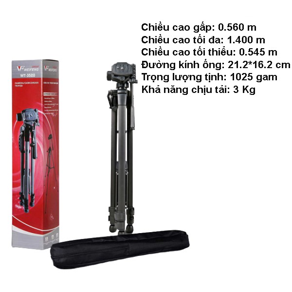 Chân Máy Ảnh Tripod Weifeng WT-3520, khung nhôm cao cấp, cao 1.4m chịu tải 3kg hỗ trợ chụp ảnh, quay video, livestream