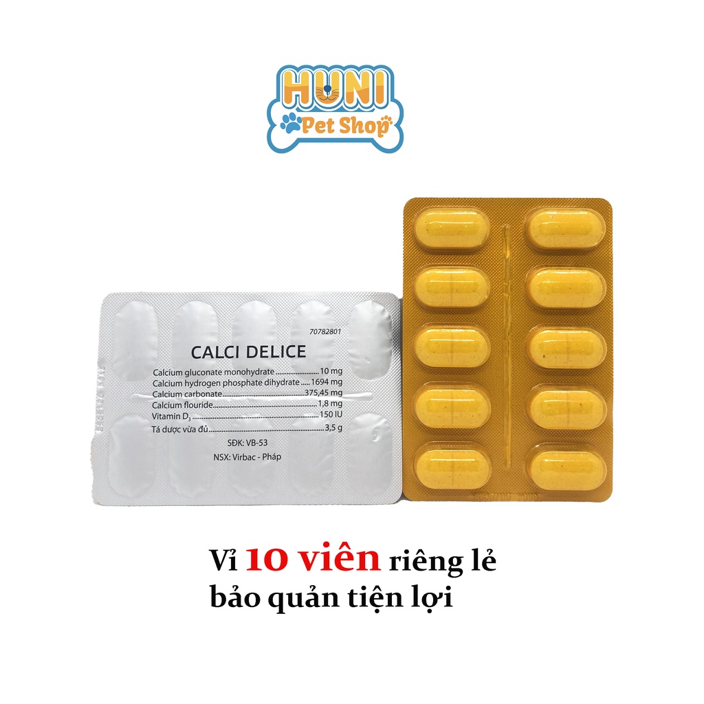 Viên Canxi cho chó mèo Pháp Virbac viên Calci Delice cho chó con, chó thiếu hụt dinh dưỡng vỉ 10 viên- Huni Petshop