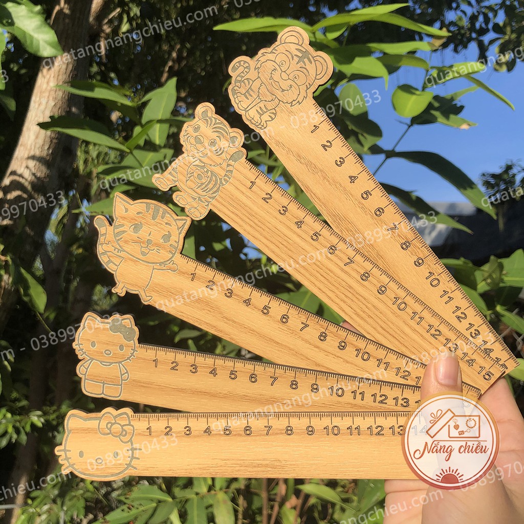 Phôi thước gỗ đã khắc số và centimet - Mẫu khắc hình các con vật 12 con giáp, cung hoàngđạo tặng kèm bao bì đựng thước