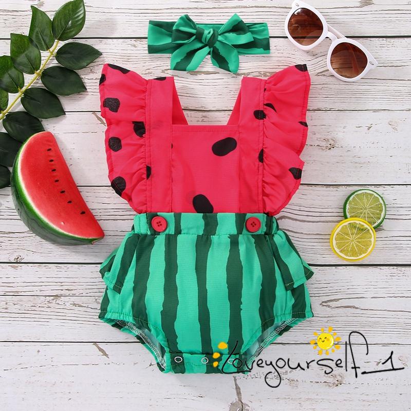 Set 2 Món Áo Liền Quần Tay Phồng Cổ Vuông In Họa Tiết Dưa Hấu Kèm Băng Đô Xinh Xắn Cho Bé Sơ Sinh B930G