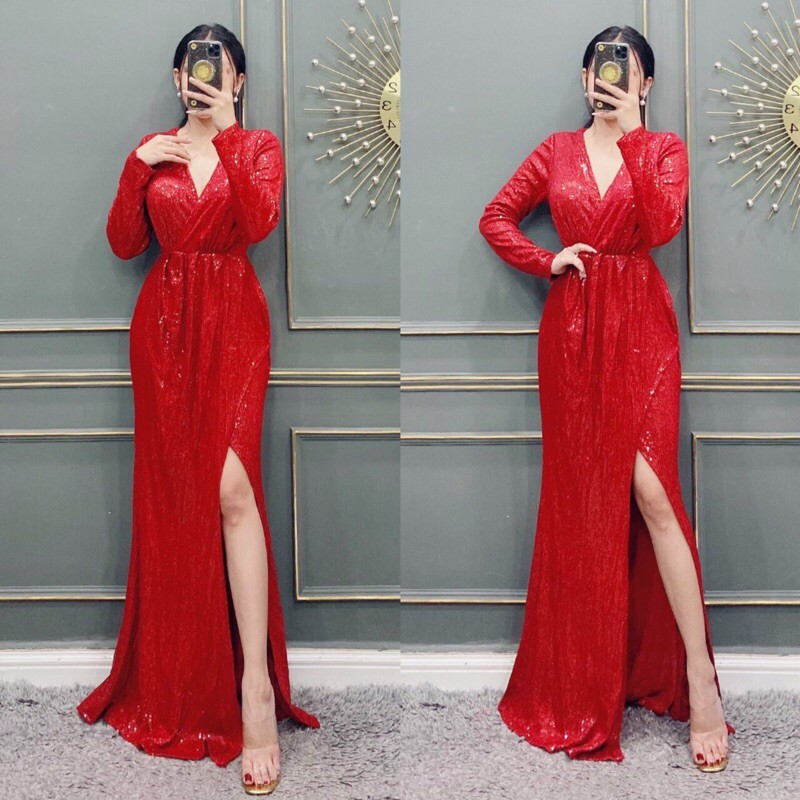 ĐẦM DẠ HỘI KIM TUYẾN TAY DÀI