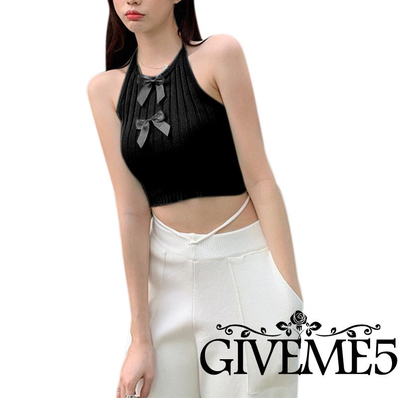 Áo dệt kim cổ yếm hở lưng thắt nơ thời trang mùa hè cho nữ