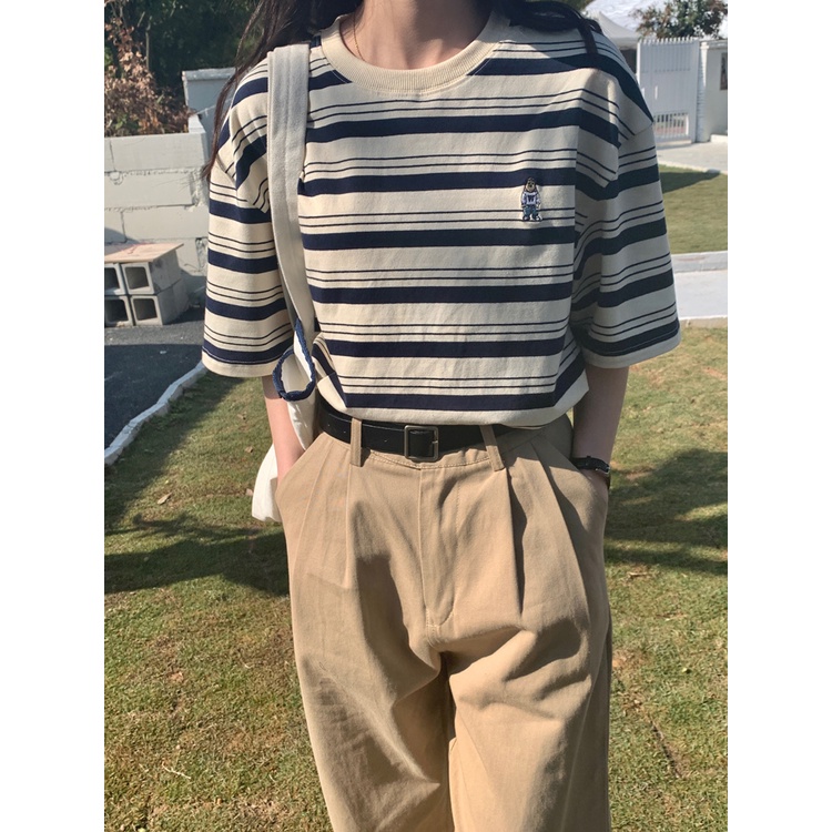 Áo Thun Nữ Ngắn Tay Cổ Tròn Họa Tiết Kẻ Sọc Thời Trang Mùa Hè