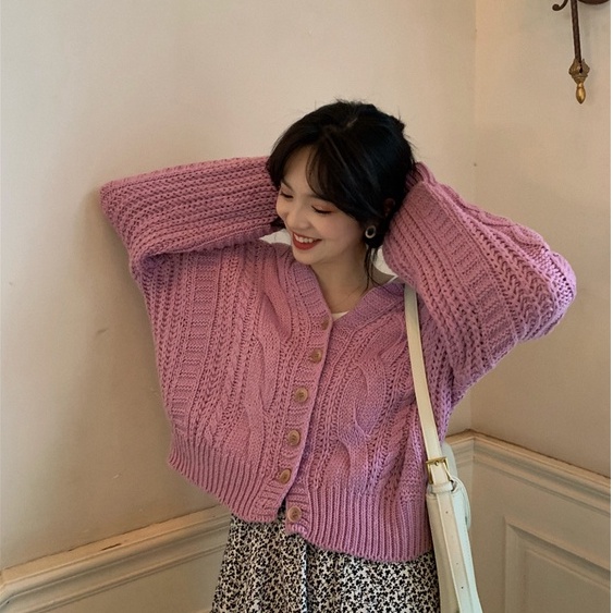 Áo cardigan dáng rộng dệt kim cổ V dài tay thời trang retro cho nữ