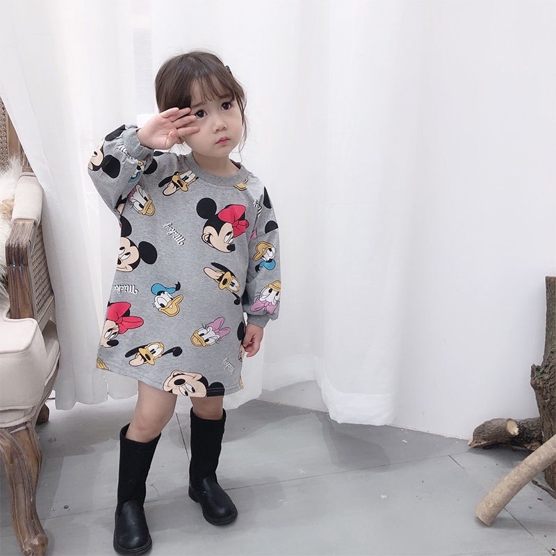 Đầm Thun Cotton Tay Dài In Hình Chuột Mickey Kiểu Mới Cho Nữ