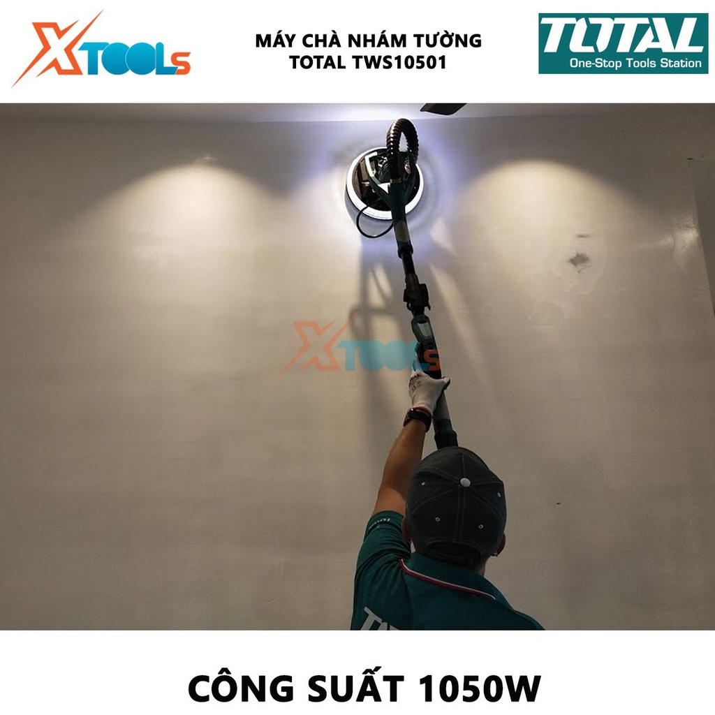 Máy chà tường TOTAL TWS10501 Máy chà nhám tường Công suất: 1050W Kèm theo 6 giấy nhám, 2 ống nối, 1 ống mềm, 1 thanh mở