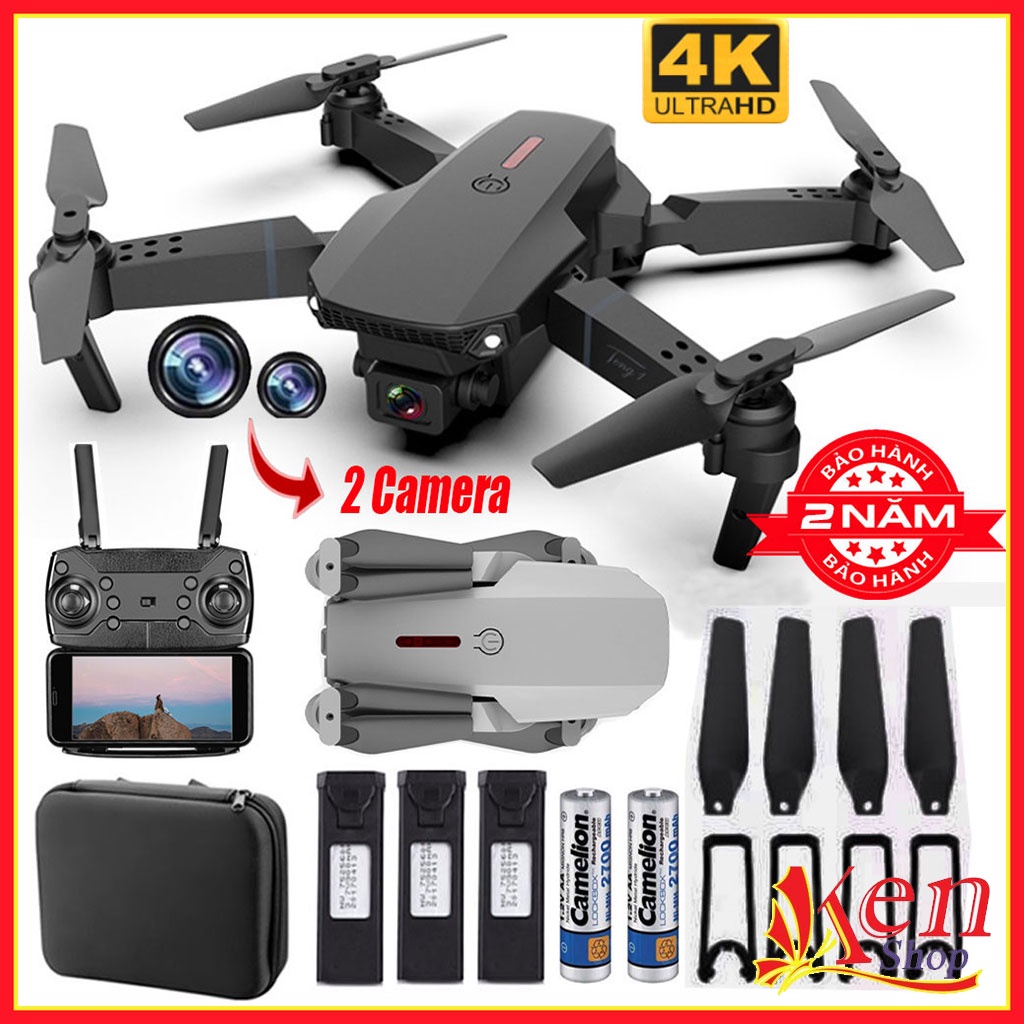 Flycam Mini Giá Rẻ E88/E58, Drone Camera 4k Máy Bay Điều Khiển Từ Xa 4 Cánh Pin Khỏe Bay 200M
