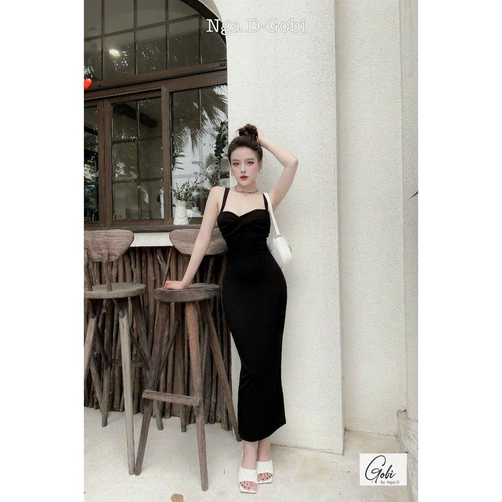Đầm 2 dây xoắn chéo ngực ôm body dáng dài xinh xinh , chất thun gân mềm mát