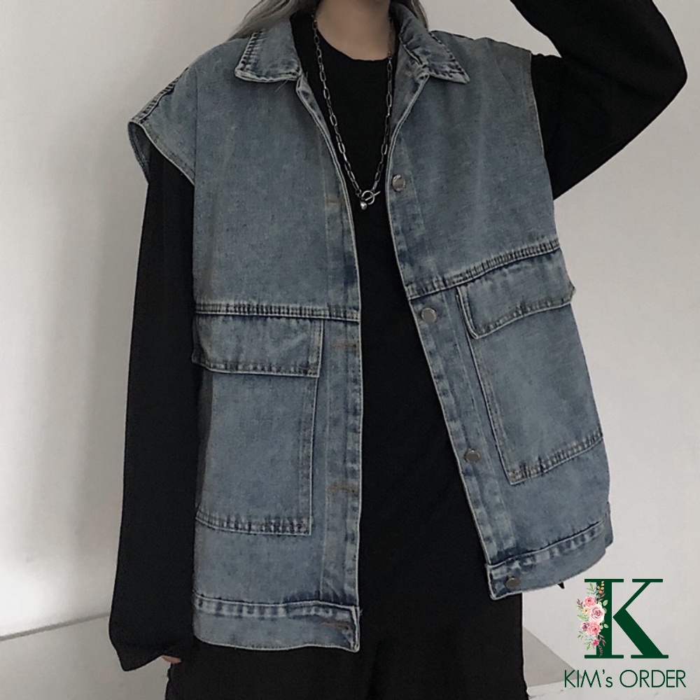 Áo Gile Bò Nam Nữ Phong Cách Cá Tính Áo Khoác Jeans Dáng Rộng Ulzzang Unisex Hàn Quốc Màu Xanh Màu Đen Đủ Size