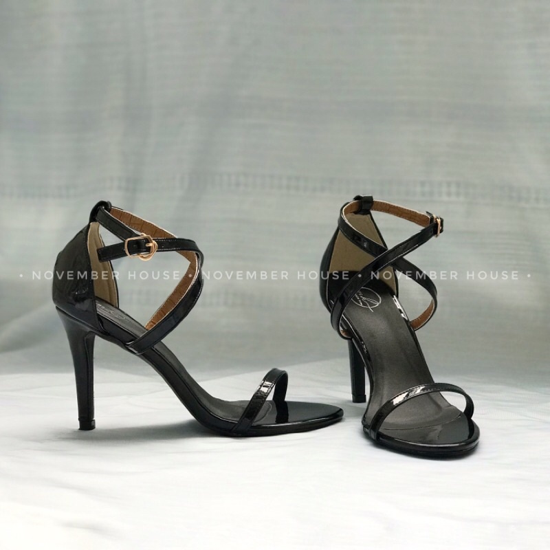 Giày sandal cao gót nữ da bóng kiểu dáng chéo dây mảnh gót nhọn bền đẹp ôm chân, SD49, November House